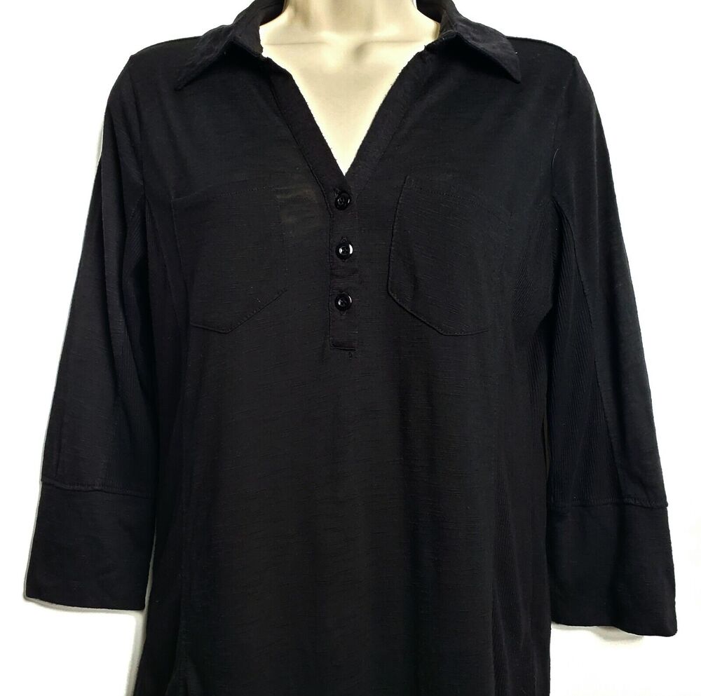 Faded Glory Black 3/4 Sleeve Collared Tunic Blouse Medium